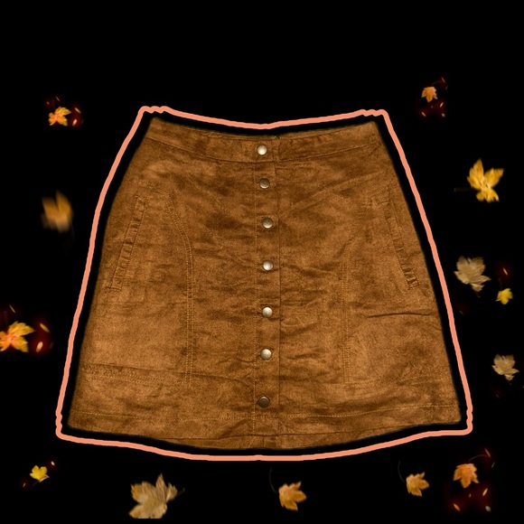 Suede Mustard Orange Brown Button Down Autumn Fall Holiday Skirt - Picture 1 of 2